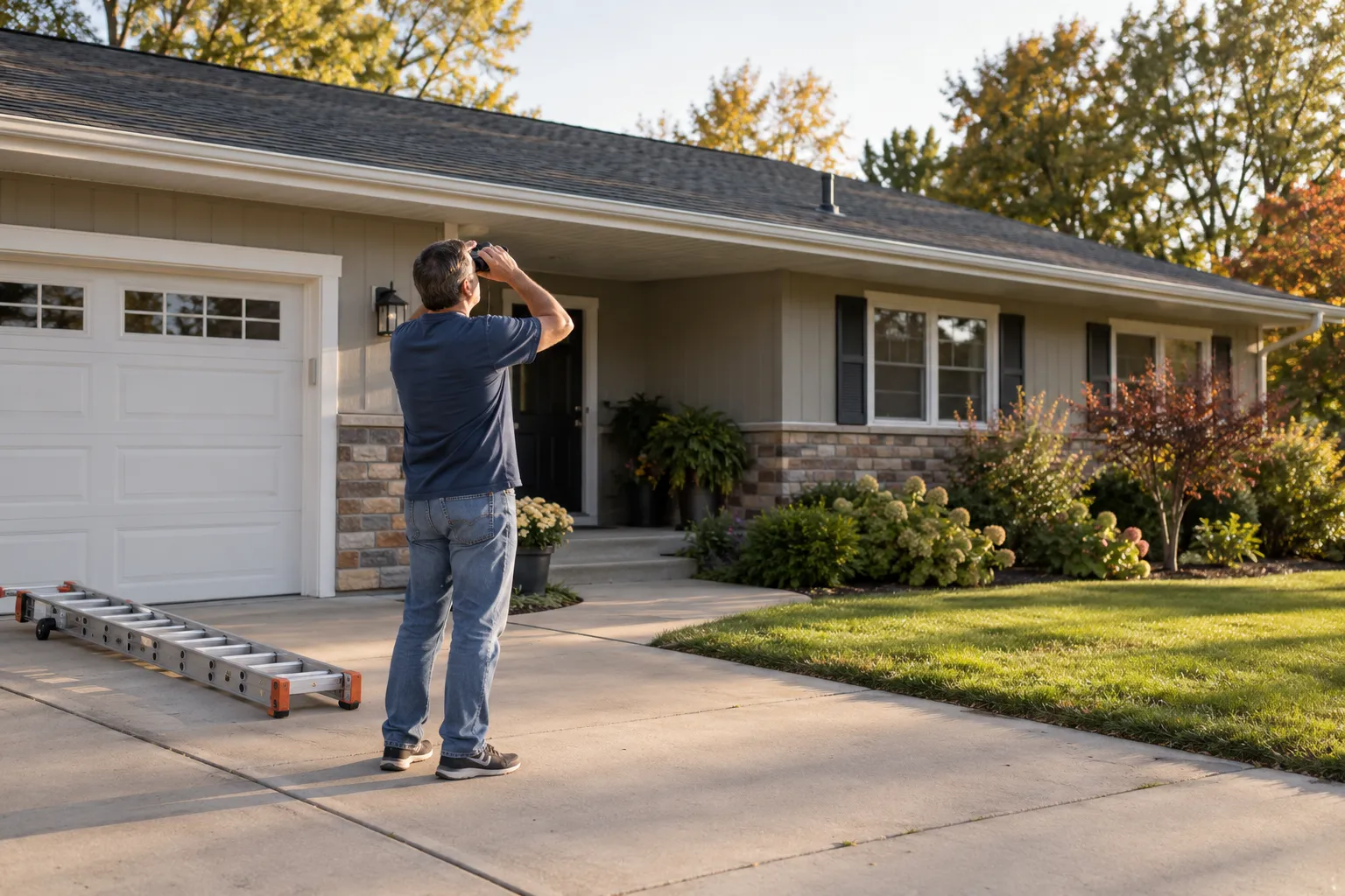 Homeowner checking roof shingles from the yard in the East Bethel area