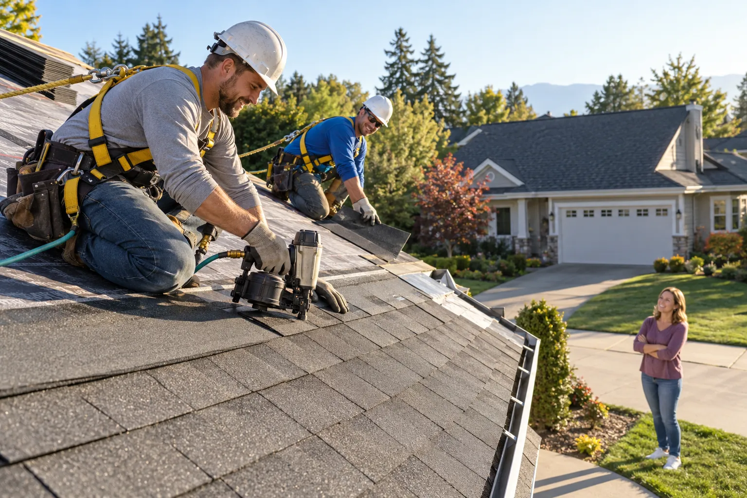 Roofing crew installing new shingles on a home in East Bethel